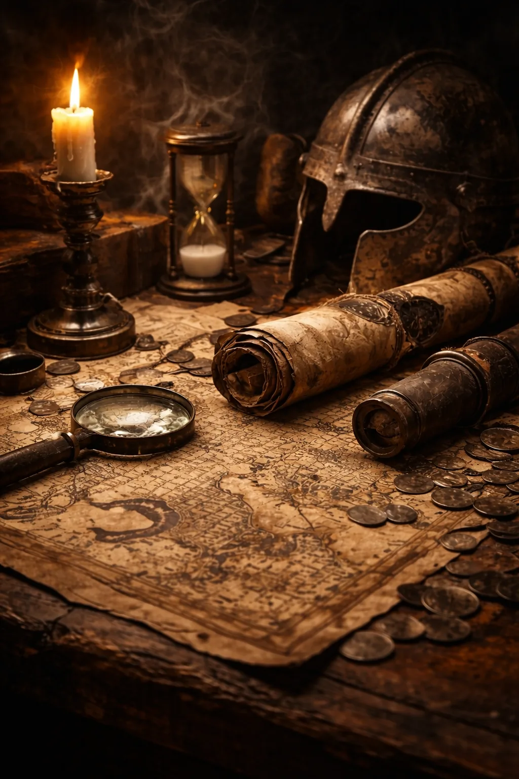 antique-map-and-historical-artifacts-history-defined Antique world map with magnifying glass, compass, coins, and medieval helmet on a wooden desk