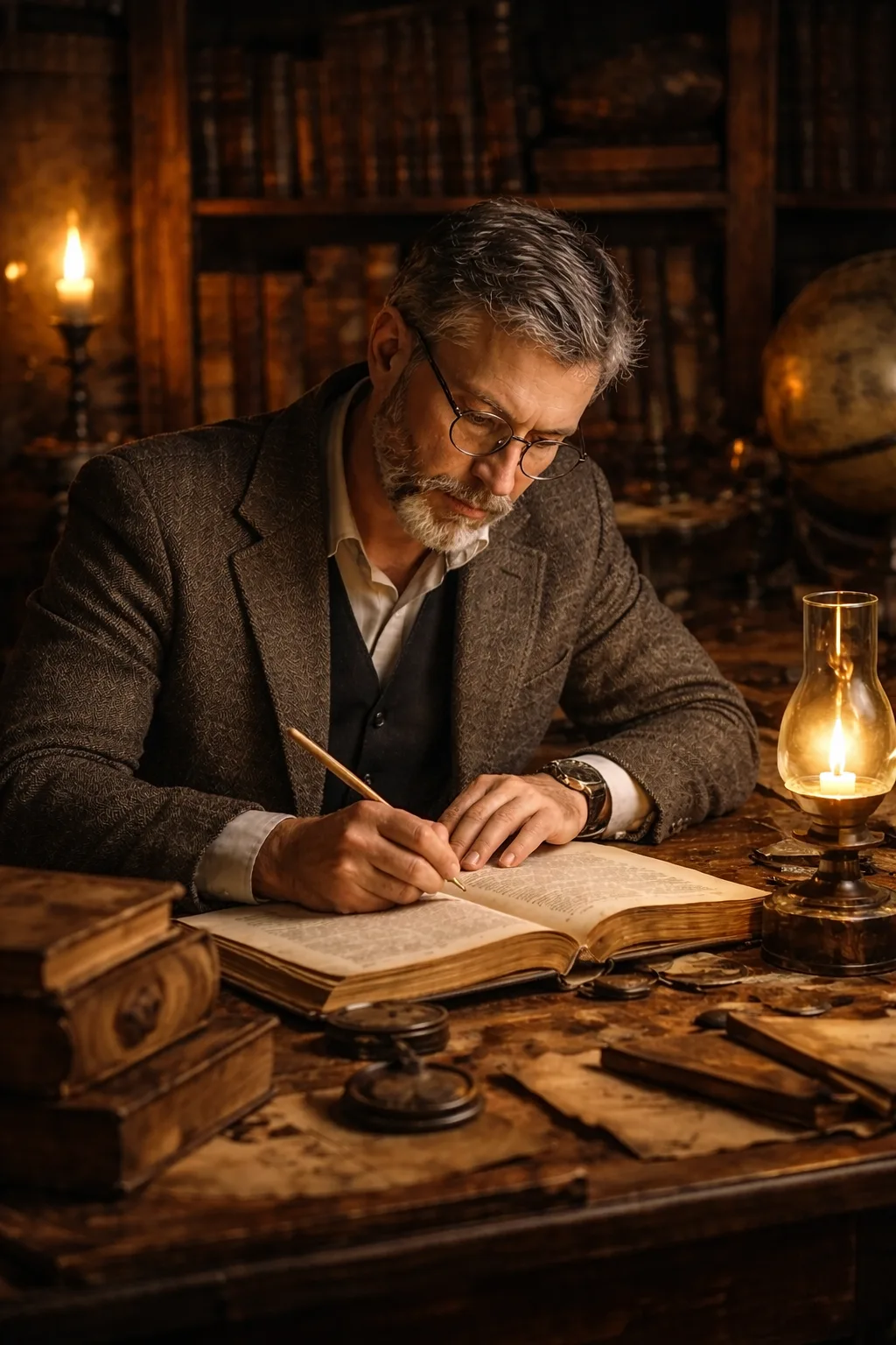 historian-writing-in-library-history-defined Historian writing notes in an old book inside a traditional library illuminated by candlelight