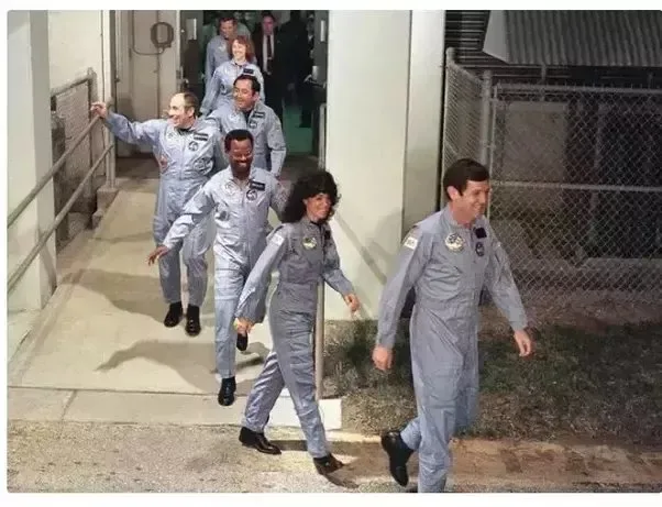 Challenger crew walking to shuttle before launch